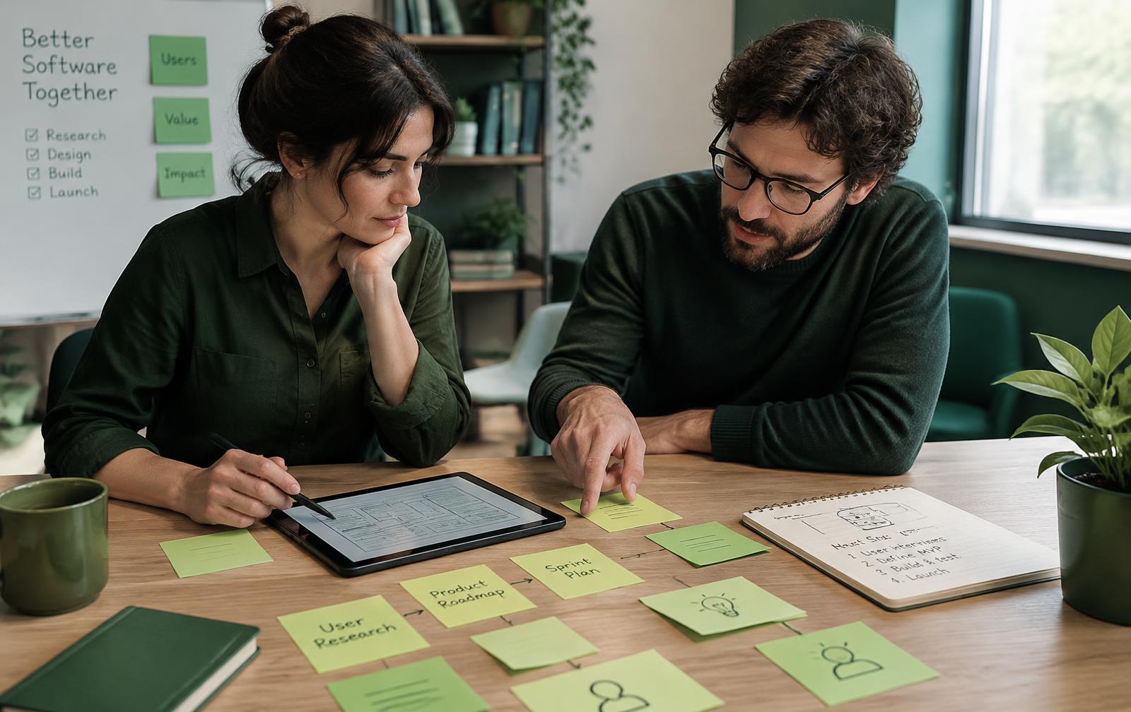 Consultants planning a software project with sticky notes