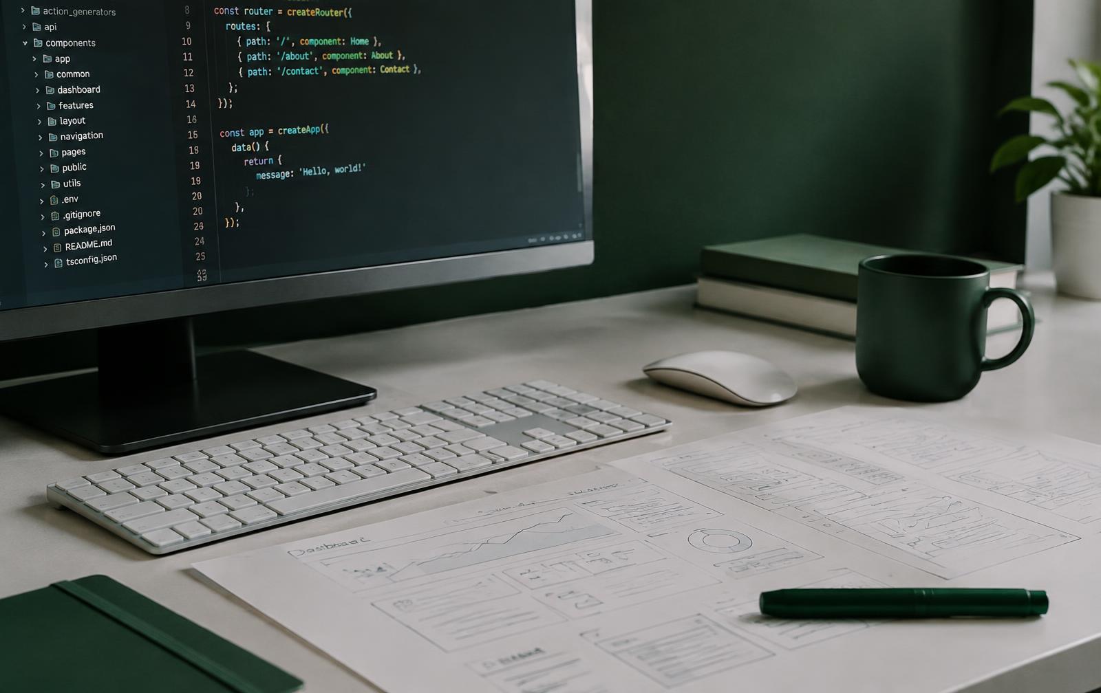 Developer workspace with code and dashboard wireframes